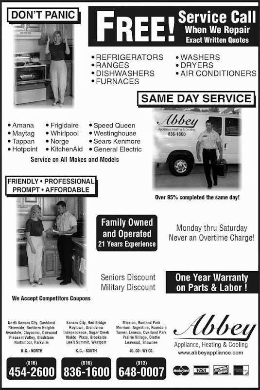 Abbey Heating Cooling & Appliance | 12844 King St, Overland Park, KS 66213, USA | Phone: (913) 648-0007