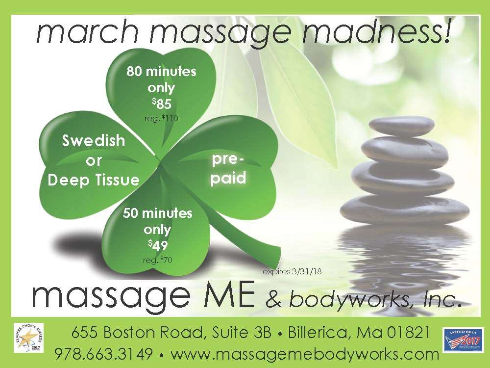 massage ME & bodyworks | 655 Boston Rd #3b, Billerica, MA 01821, USA | Phone: (978) 663-3149