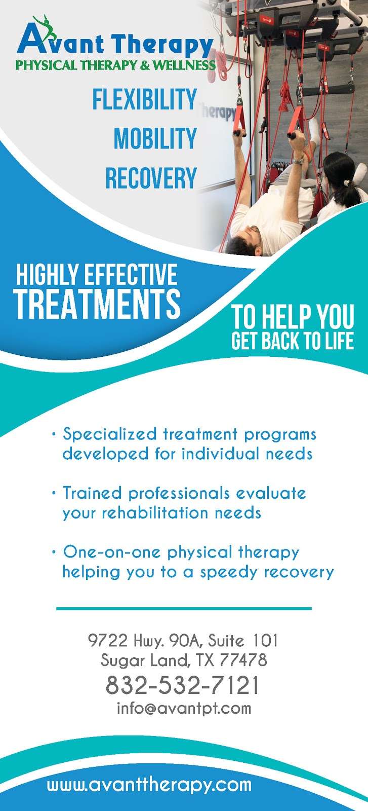 Avant Therapy. Physical Therapy and Wellness | 9722 US-90 ALT Suite 101, Sugar Land, TX 77478, USA | Phone: (832) 532-7121