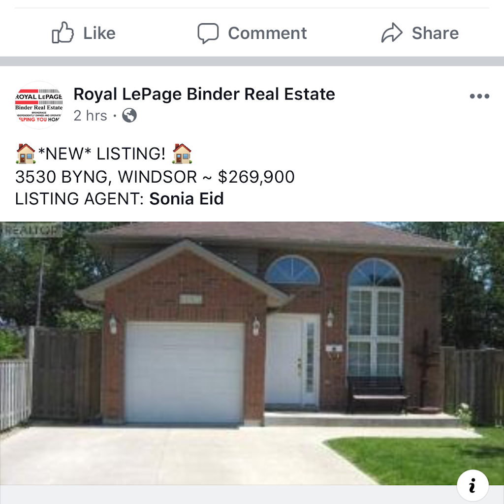 Sonia Eid Royal Lepage Windsor /Binder Real Estate | 1350 Provincial Rd, Windsor, ON N8W 5W1, Canada | Phone: (226) 787-6126