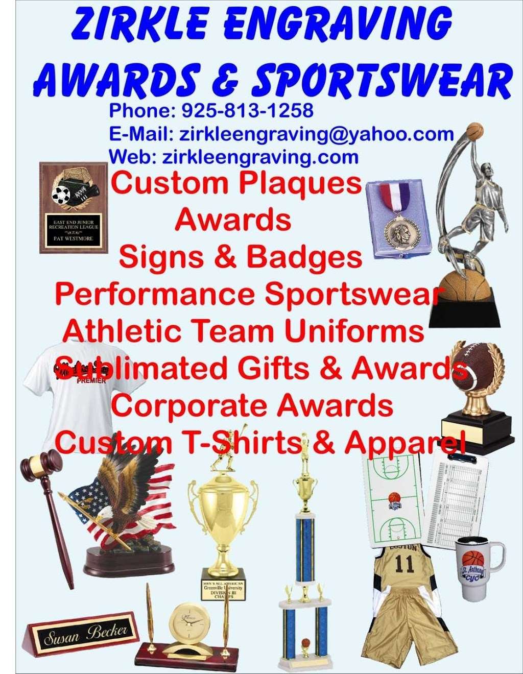 Zirkle Trophies, Engraving & Sportswear | Oakley, CA 94561, USA | Phone: (925) 813-1258