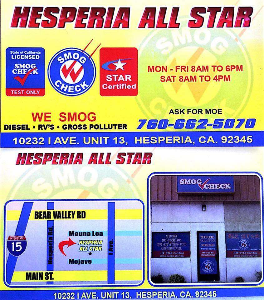 HESPERIA ALLSTAR Smog Test Only | 10232 I Ave, Hesperia, CA 92345, USA | Phone: (760) 662-5070