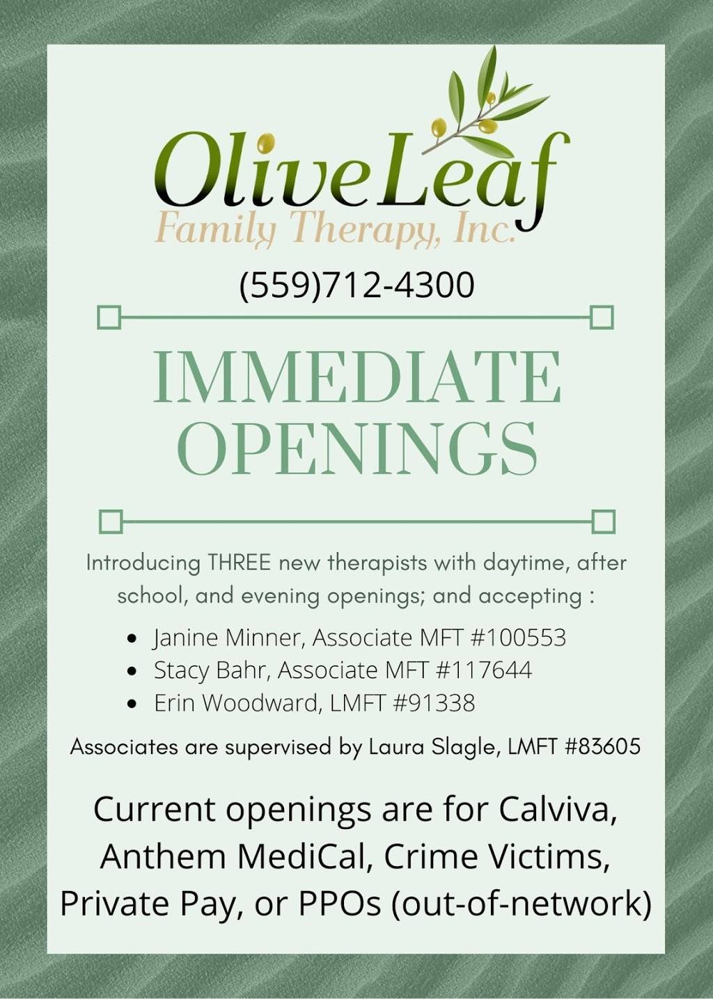 Olive Leaf Family Therapy, Inc ( CEO, Laura Slagle, LMFT #83605) | 6276 N First St #103, Fresno, CA 93710 | Phone: (559) 712-4300