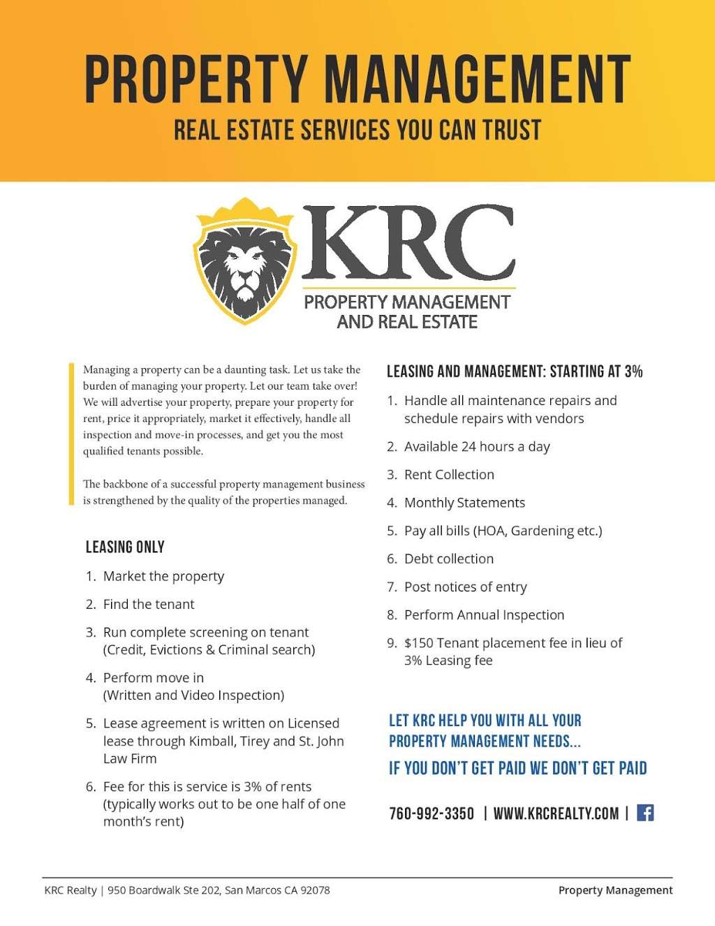 KRC Property Management and Real Estate | 1132 San Marino Dr #100, San Marcos, CA 92078, USA | Phone: (760) 992-3350