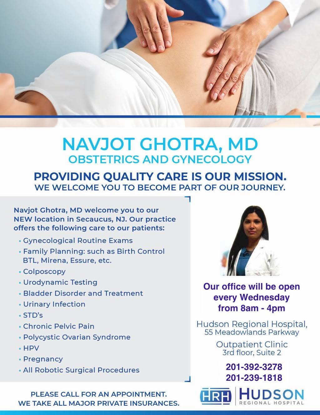 Navjot Ghotra, OBGYN | Hudson Regional Hospital, 55 Meadowlands Pkwy Suite 2, Secaucus, NJ 07094, USA | Phone: (201) 239-1818