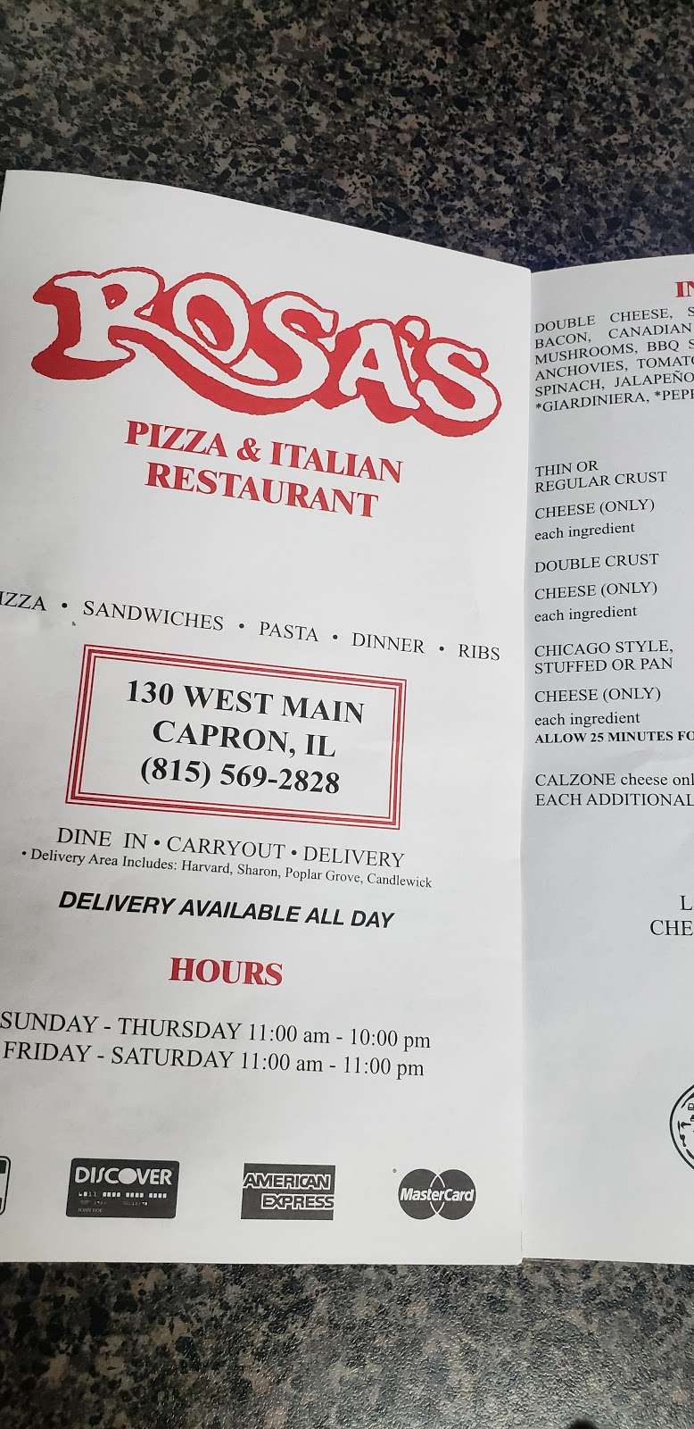 Rosas Pizza & Italian Restaurant | 130 W Main St, Capron, IL 61012, USA | Phone: (815) 569-2828