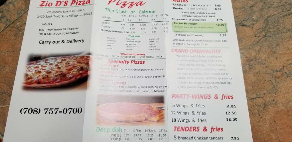 Zio Ds Pizza | 2420 E Sauk Trail, Sauk Village, IL 60411, USA | Phone: (708) 757-0700