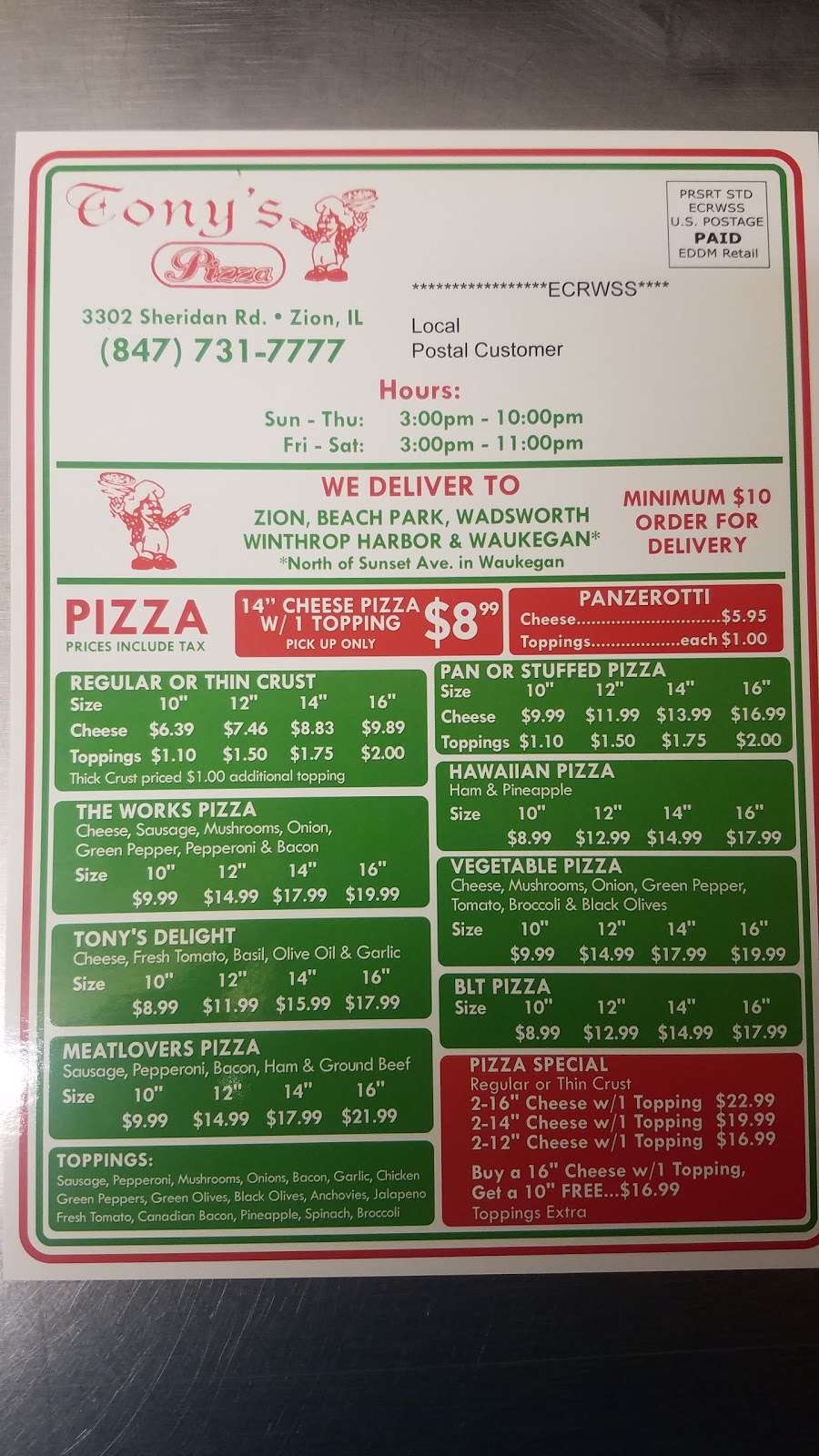 Tonys Pizza | 3302 Sheridan Rd, Zion, IL 60099, USA | Phone: (847) 731-7777