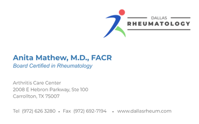 Dr. Anita Mathew MD FACR , Dallas Rheumatology | 2008 E Hebron Pkwy STE 100, Carrollton, TX 75007, USA | Phone: (972) 626-3280