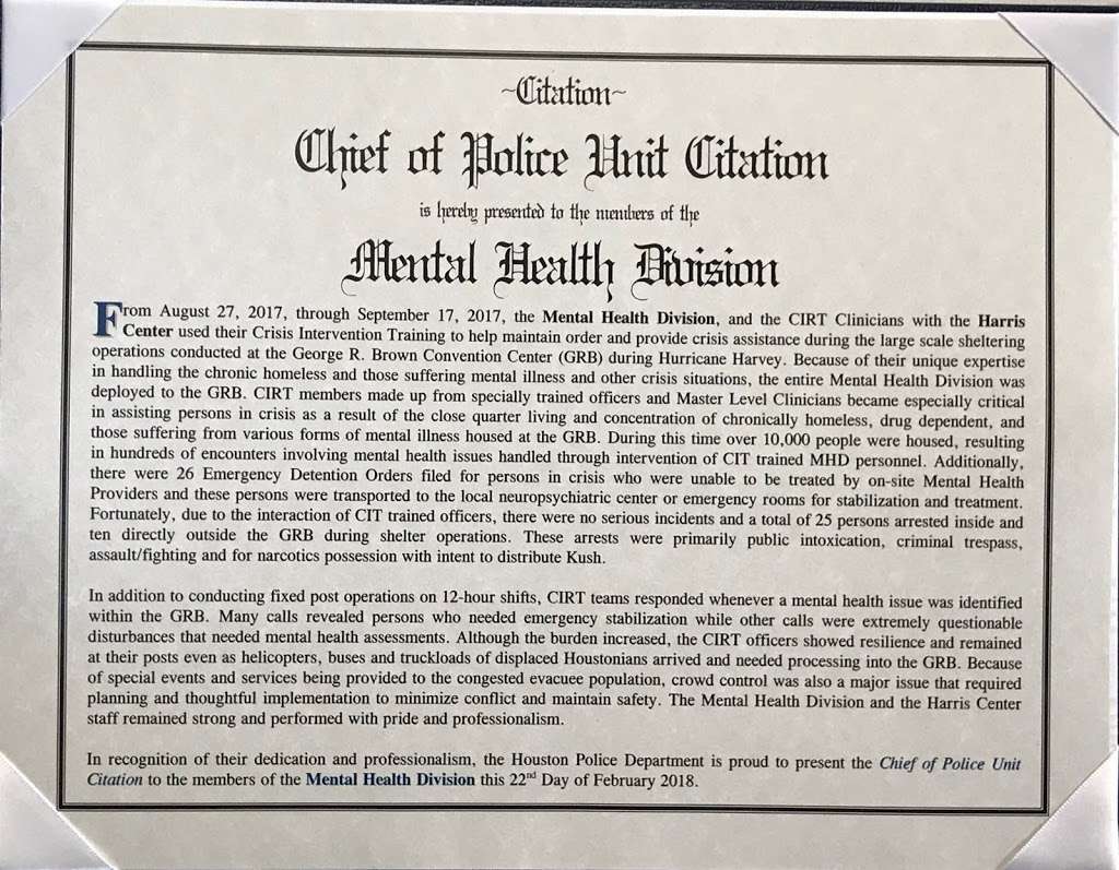 Houston Police Department, Mental Health Division | 150 N Chenevert St Suite 200, Houston, TX 77002, USA | Phone: (832) 394-4200