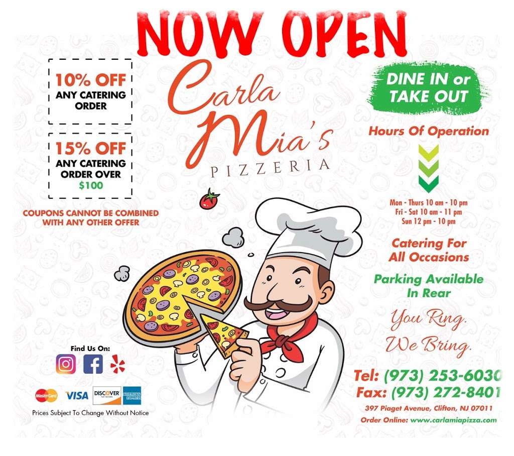 Carla Mia Pizzeria | 397 Piaget Ave, Clifton, NJ 07011, USA | Phone: (973) 253-6030