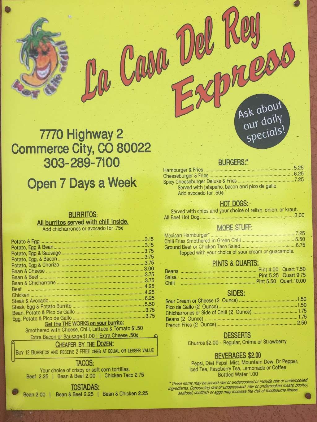 La Casa Del Rey Burrito Express | 7770 CO-2, Commerce City, CO 80022 | Phone: (303) 289-7100