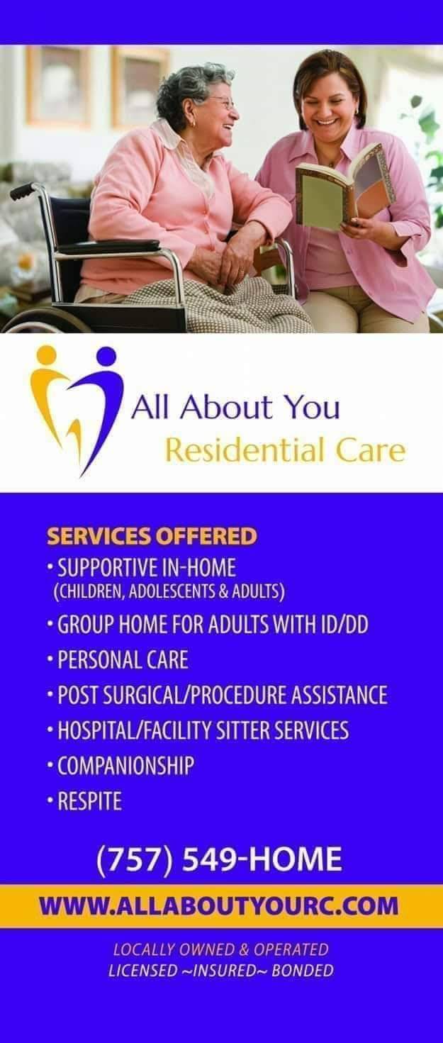 All About You Residential Care | 2010 Old Greenbrier Rd suite a, Chesapeake, VA 23320, USA | Phone: (757) 549-4663