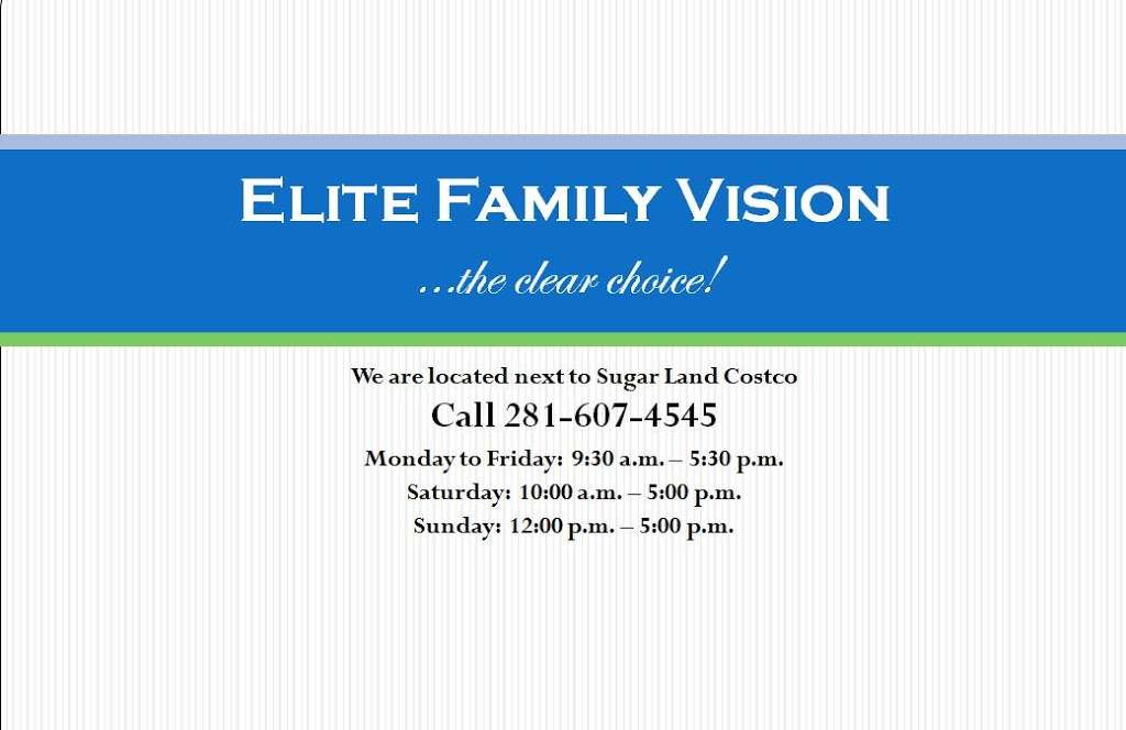 Elite Family Vision PLLC - Jordana Chettiparampil O.D | 2359, 17520 Southwest Fwy, Sugar Land, TX 77479, USA | Phone: (281) 607-4545