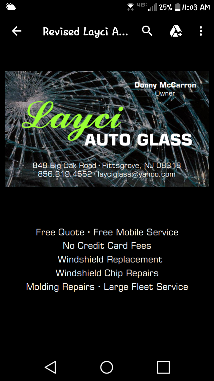 Layci Auto Glass | 848 Big Oak Rd, Pittsgrove Township, NJ 08318, USA | Phone: (856) 347-3444
