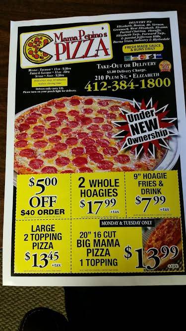 Mama Pepinos Pizza | 210 Plum St, Elizabeth, PA 15037, USA | Phone: (412) 384-1800