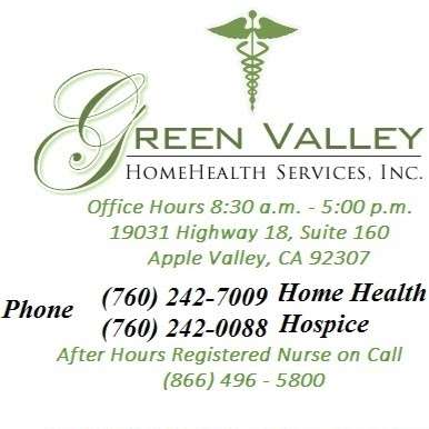 Green Valley Home Health Services Inc | 19031 CA-18 # 180, Apple Valley, CA 92307, USA | Phone: (760) 242-7009