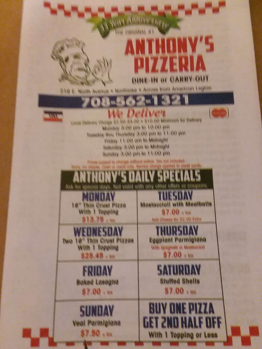 Anthonys Pizzeria | 216 North Ave, Northlake, IL 60164 | Phone: (708) 562-1321
