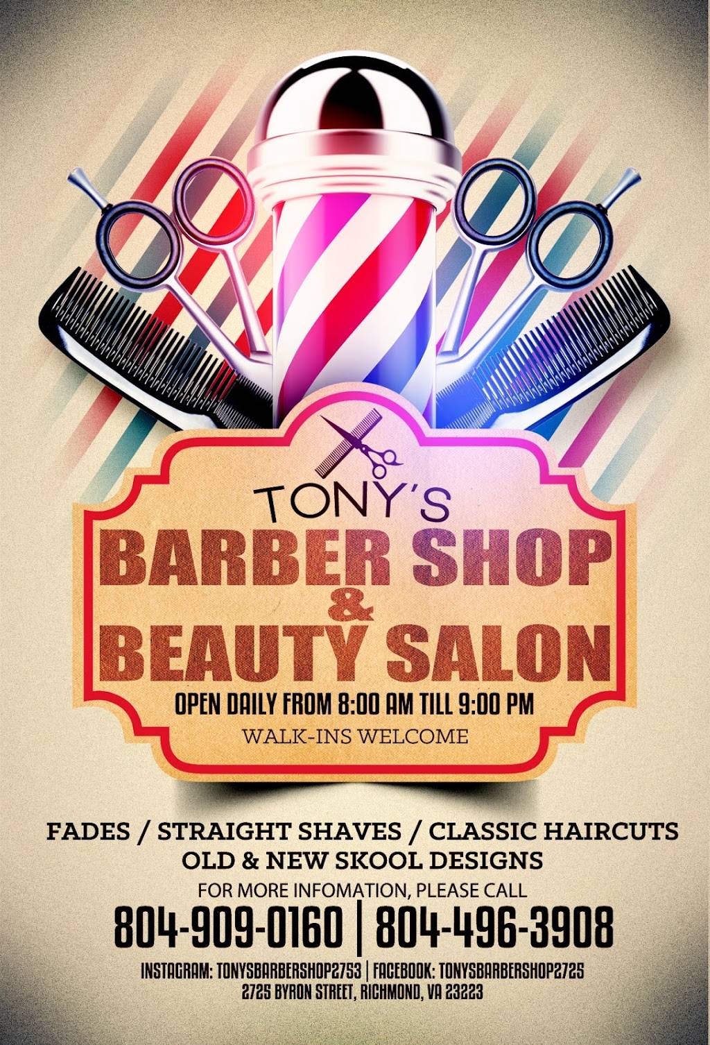 Tonys Barbershop & Beauty Salon | 2725 Byron St #1313, Richmond, VA 23223, USA | Phone: (804) 909-0160