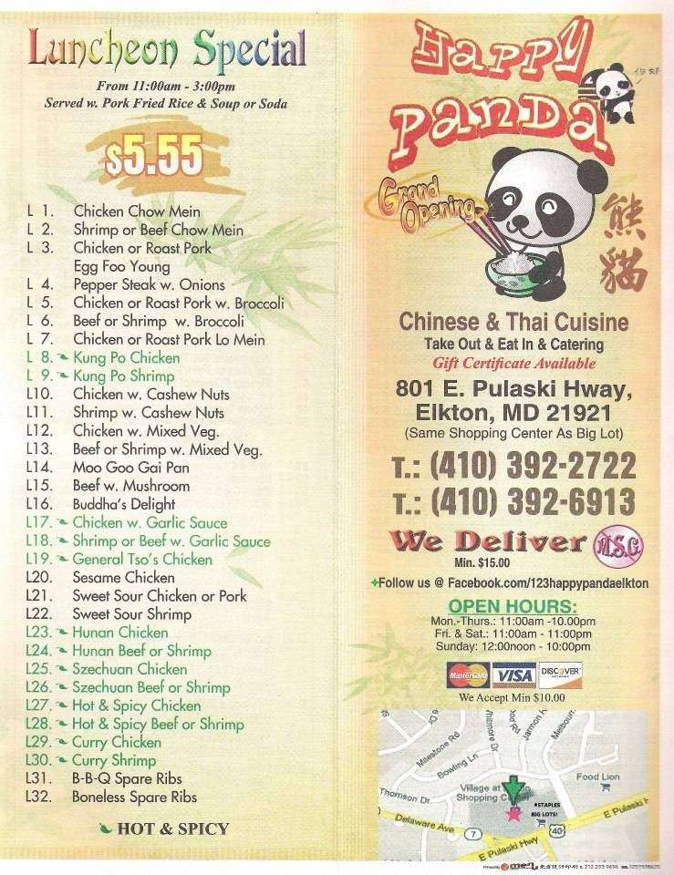 Happy Panda | 801 E Pulaski Hwy #123, Elkton, MD 21921, USA | Phone: (410) 392-2722