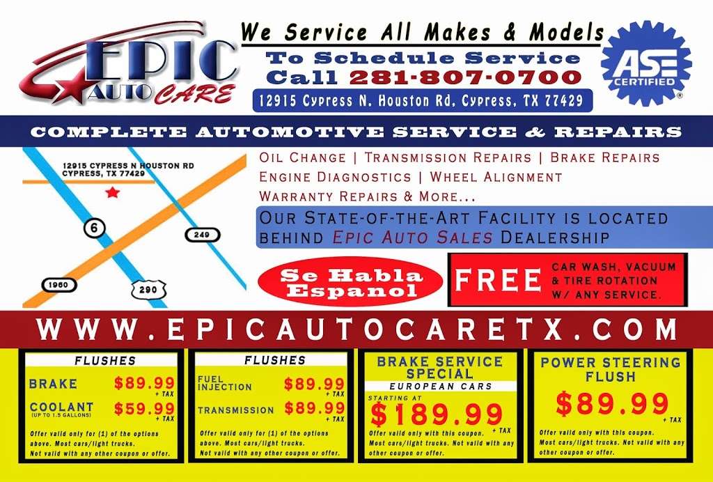 Epic Auto Care | 12915 Cypress North Houston Rd, Cypress, TX 77429 | Phone: (281) 205-8733