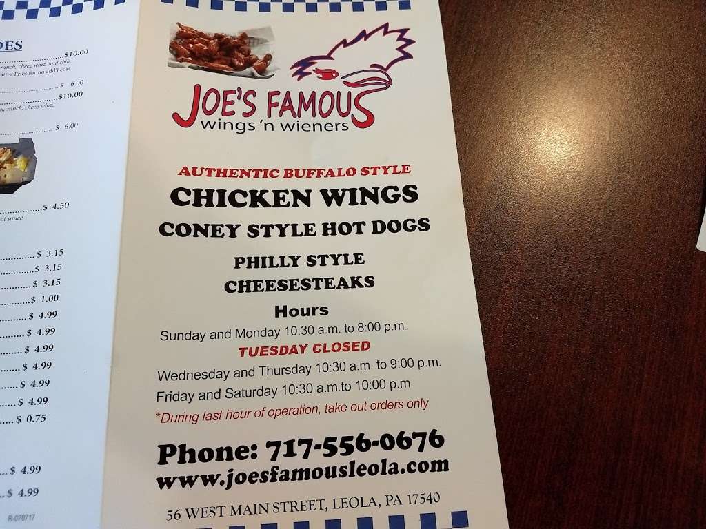 Joes Famous Wings & Wieners | 1802, 56 W Main St, Leola, PA 17540, USA | Phone: (717) 556-0676