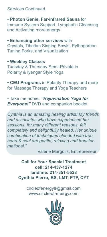 Cynthias Energy Balancing Massage | 3415 Dartmoor Dr, Dallas, TX 75229, USA | Phone: (214) 437-1274