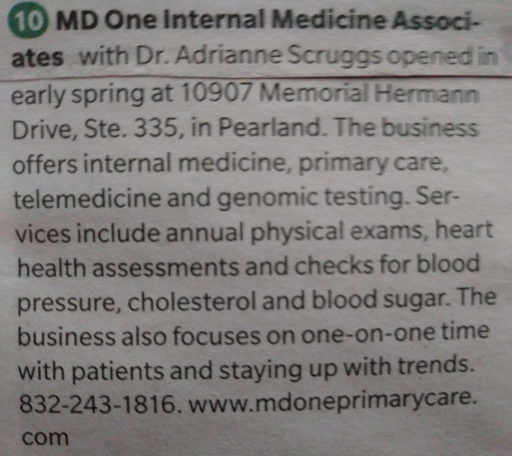 MD One Internal Medicine Associates | 10907 Memorial Hermann Dr #335, Pearland, TX 77584, USA | Phone: (832) 243-1816