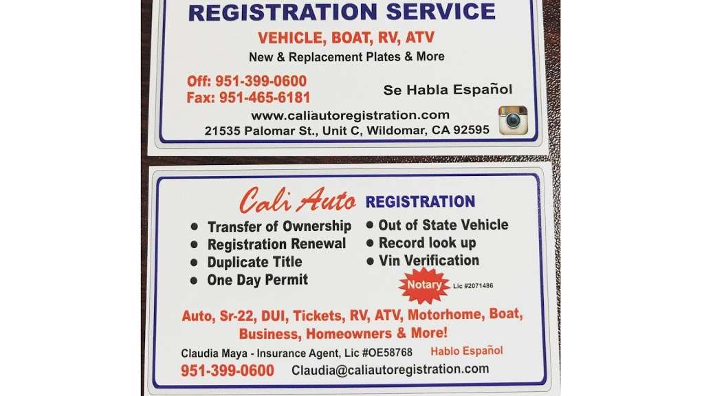 CALI AUTO REGISTRATION | 21535 Palomar St UNIT C, Wildomar, CA 92595 | Phone: (951) 399-0600