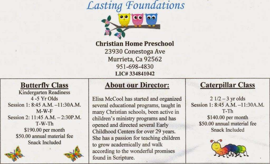Lasting Foundations Christian Home Preschool | 23930 Conestoga Ave, Murrieta, CA 92562, USA | Phone: (951) 698-4830