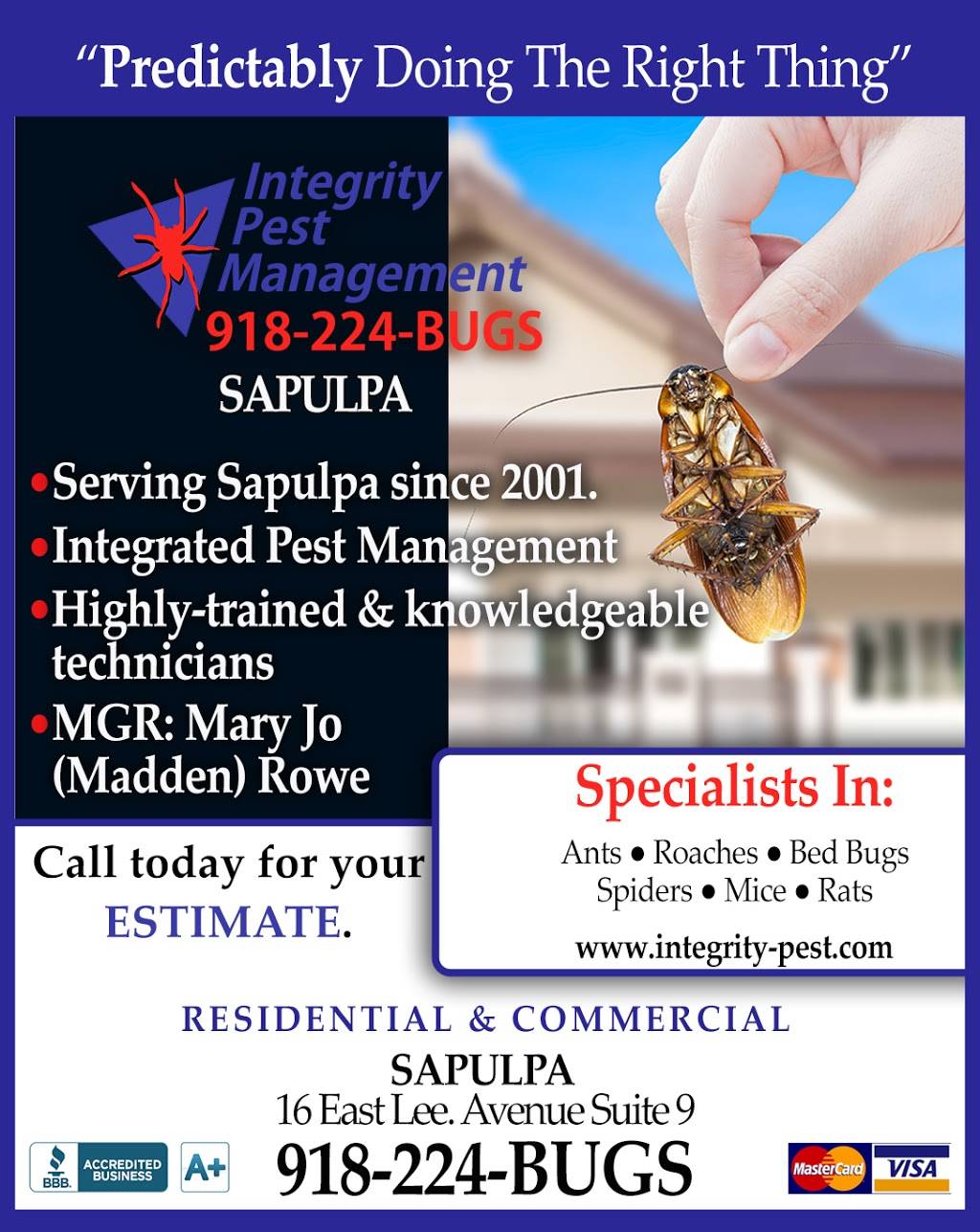 Integrity Pest Management | 4010 S 113th W Ave, Sand Springs, OK 74063, USA | Phone: (918) 245-7378