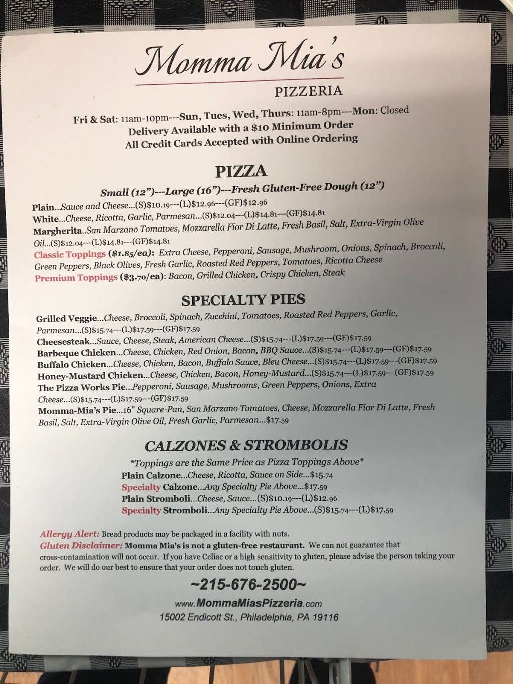 Momma Mia’s Pizzeria | 15002 Endicott St, Philadelphia, PA 19116, USA | Phone: (215) 676-2500