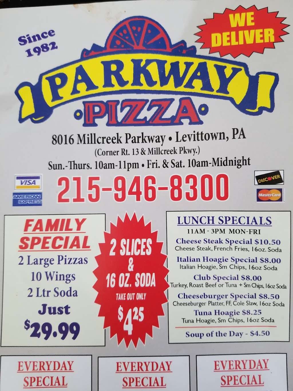 Parkway Pizza | 8016 Mill Creek Pkwy, Levittown, PA 19054 | Phone: (215) 946-8300