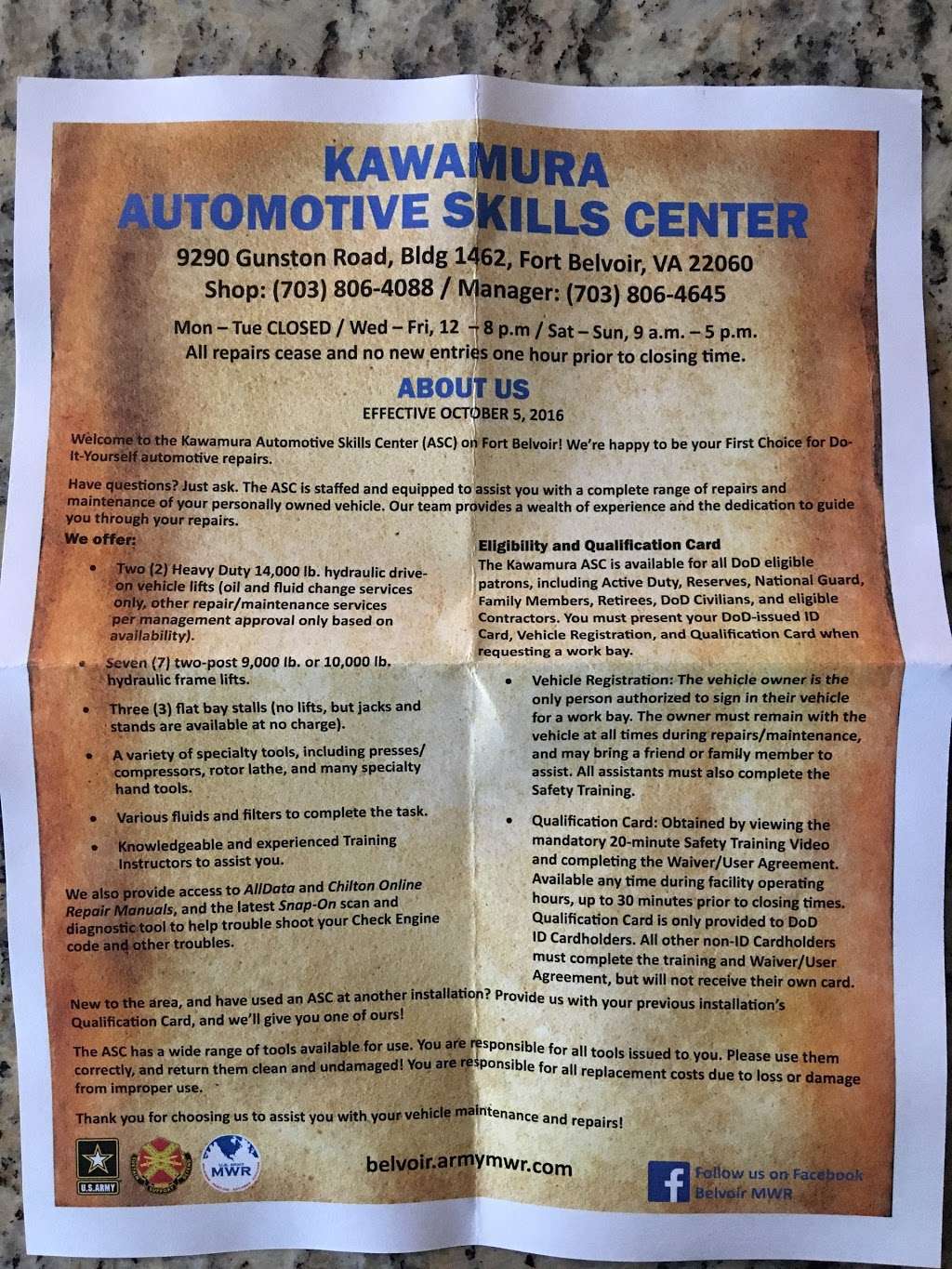 Auto Skills Center | 9290 Gunston Rd, Fort Belvoir, VA 22060, USA | Phone: (703) 806-4088