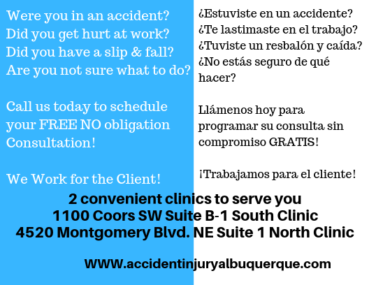 Accident & Injury Clinic South Albuquerque | 1100 Coors Blvd SW b1, Albuquerque, NM 87121 | Phone: (505) 312-7299