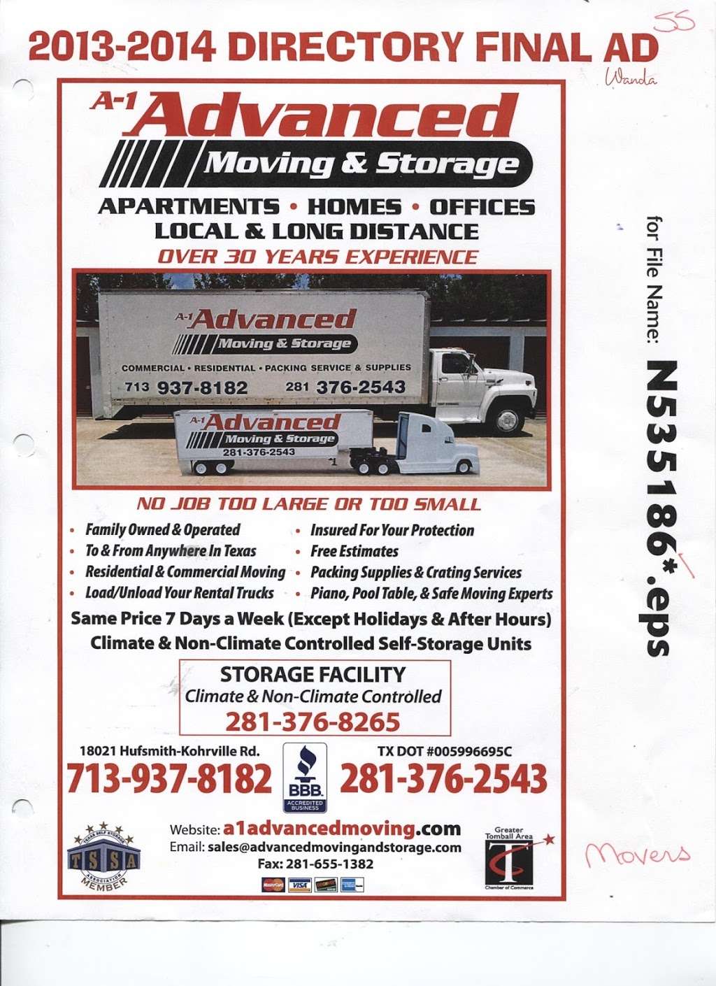 A-1 Advanced Moving & Storage, Inc. | 18021 Hufsmith - Kohrville Rd, Tomball, TX 77375, USA | Phone: (281) 376-2543