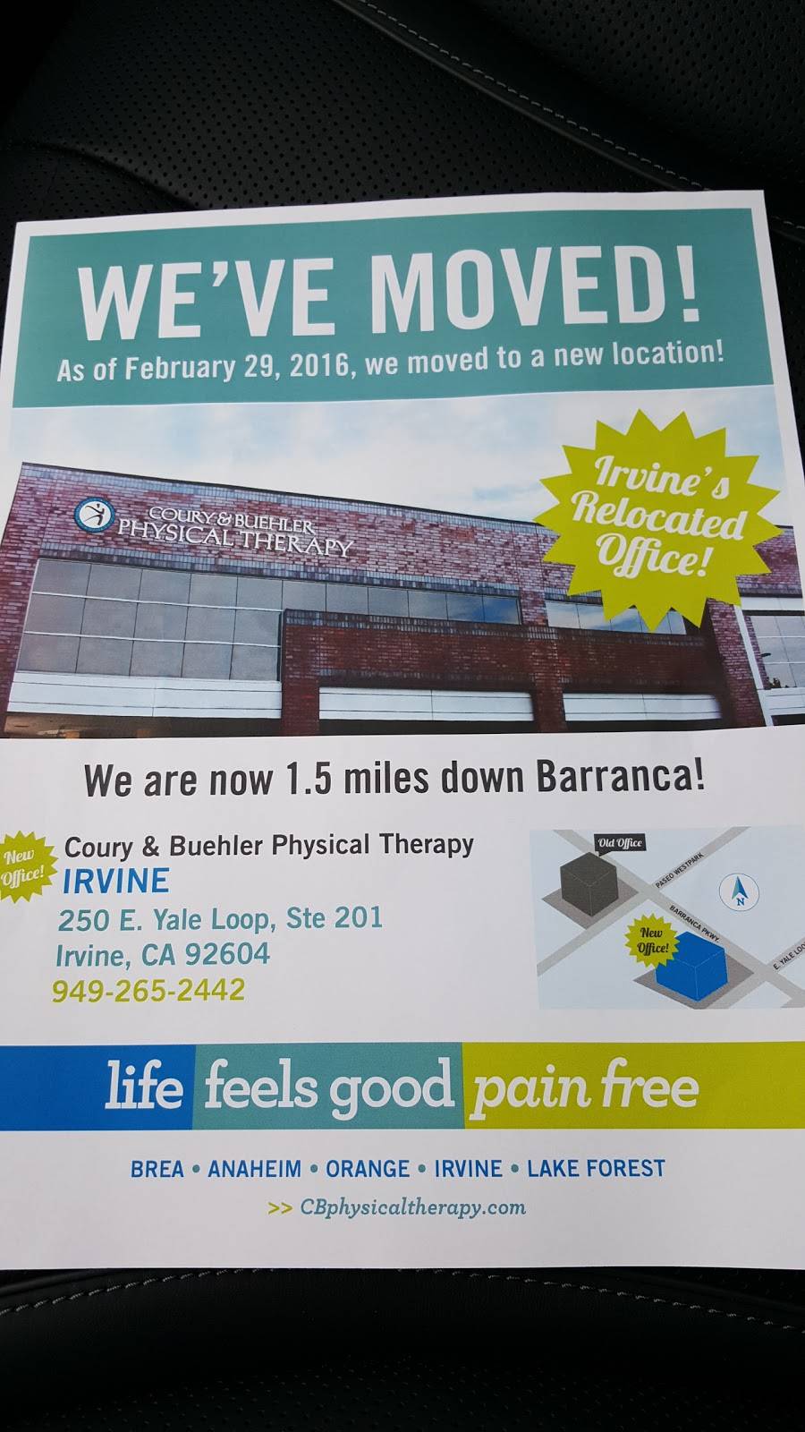 Coury & Buehler Physical Therapy | 250 E Yale Loop #201, Irvine, CA 92604, USA | Phone: (949) 265-2442