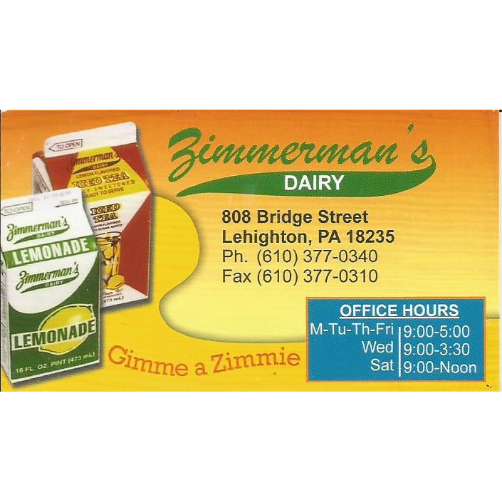 Zimmermans Dairy Inc | 808 Bridge St, Lehighton, PA 18235, USA | Phone: (610) 377-0340