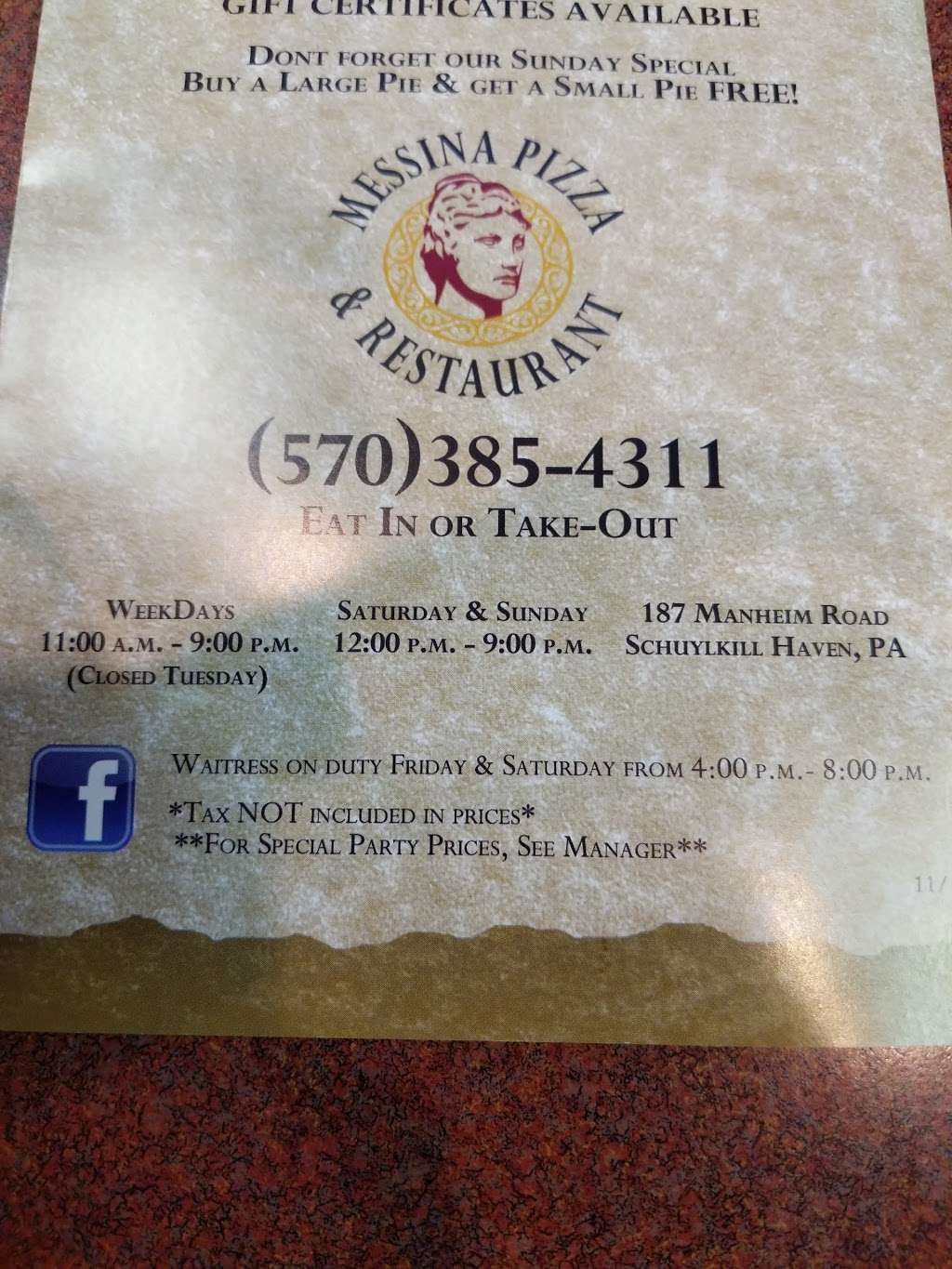 Messinas Pizza | 191 Manheim Rd, Schuylkill Haven, PA 17972, USA | Phone: (570) 385-4311