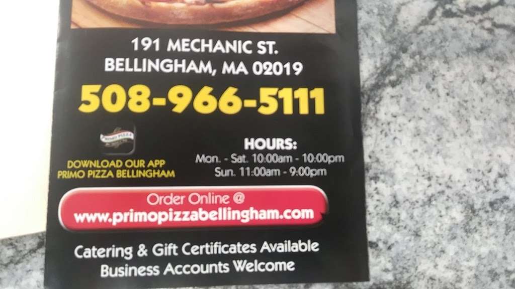 Primo pizza | 191 Mechanic St, Bellingham, MA 02019, USA | Phone: (508) 966-5111