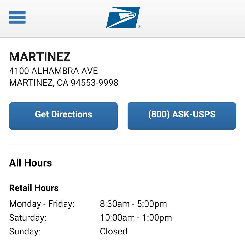 United States Postal Service | 4100 Alhambra Ave, Martinez, CA 94553, USA | Phone: (800) 275-8777