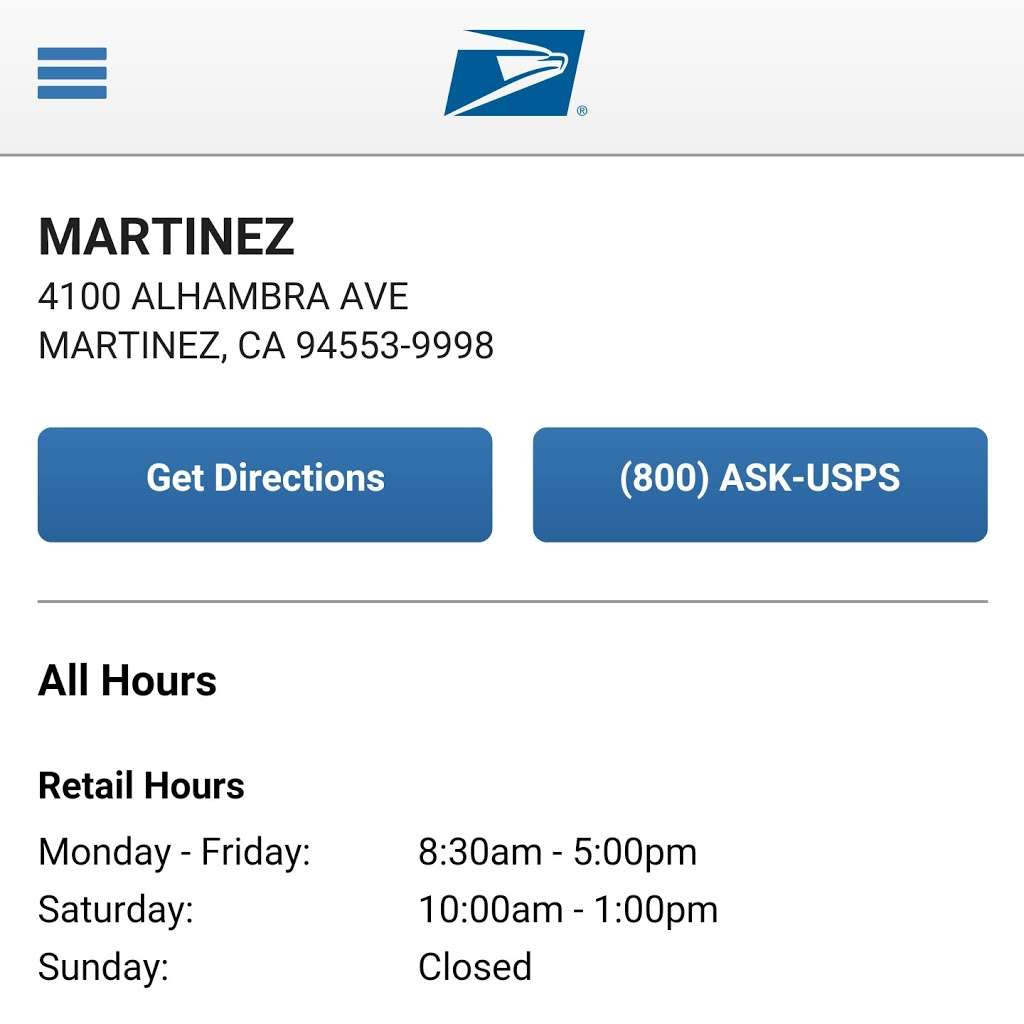 United States Postal Service | 4100 Alhambra Ave, Martinez, CA 94553, USA | Phone: (800) 275-8777 United States Postal Service | 4100 Alhambra Ave, Martinez, CA 94553, USA | Phone: (800) 275-8777