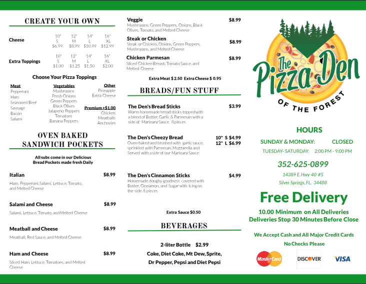 The Pizza Den Of The Forest | 14389 FL-40, Silver Springs, FL 34488, USA | Phone: (352) 625-0899