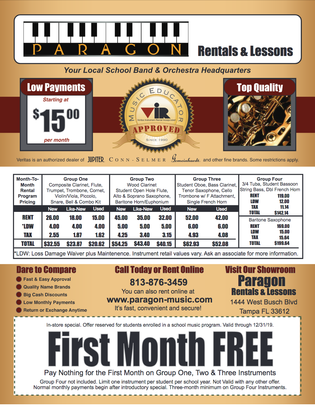 Paragon Rentals and Music Lessons | 1442 W Busch Blvd, Tampa, FL 33612, USA | Phone: (813) 876-3459