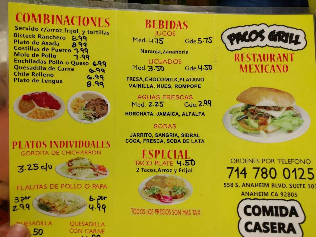 Pacos Grill-Tacos | 558 Anaheim Blvd # 103, Anaheim, CA 92805, USA | Phone: (714) 780-0125
