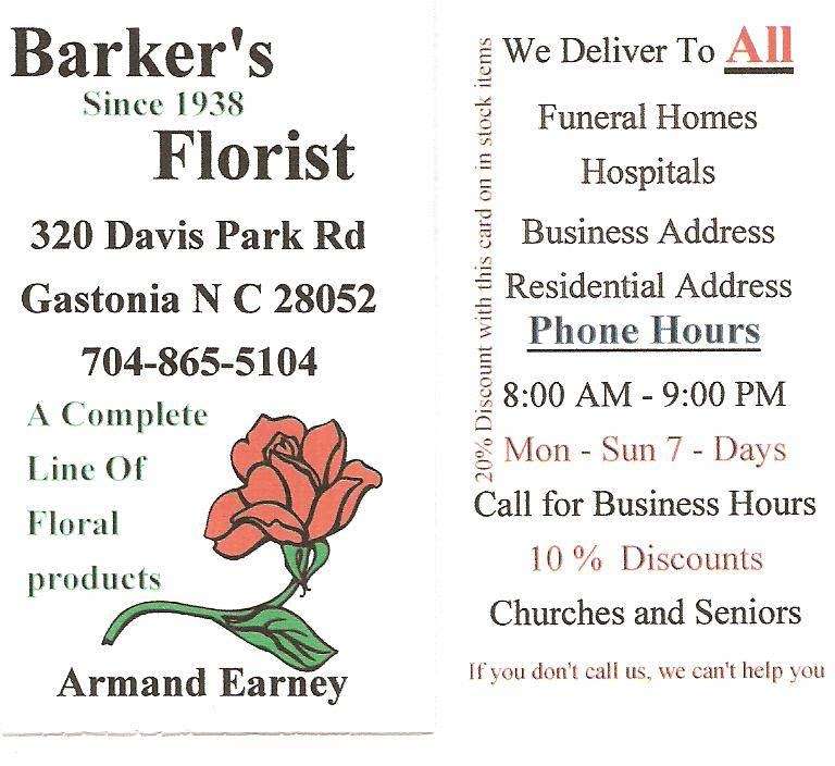 Barkers Florist | 320 Davis Park Rd, Gastonia, NC 28052, USA | Phone: (704) 865-5104