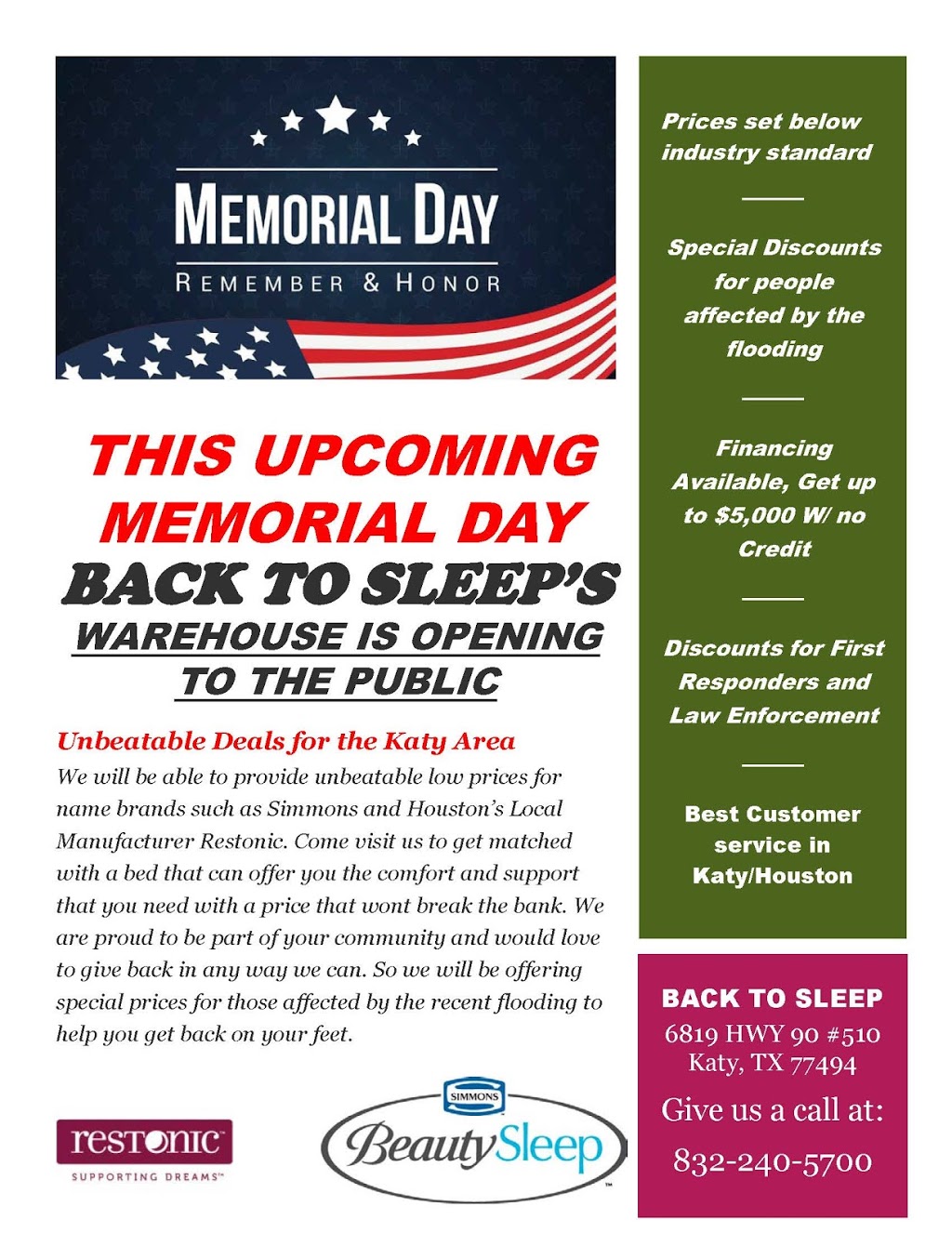 Back To Sleep Mattress Warehouse | 6819 Hwy 90 Blvd. #510, Katy, TX 77494, USA | Phone: (832) 240-5700