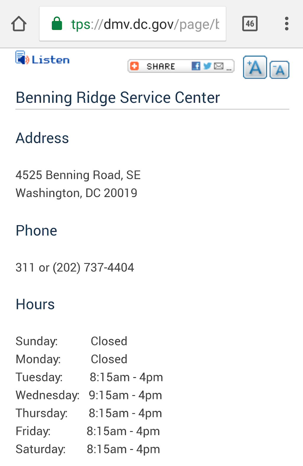 DC DMV - Benning Ridge Service Center | 4525 Benning Rd SE, Washington, DC 20019 | Phone: (202) 737-4404