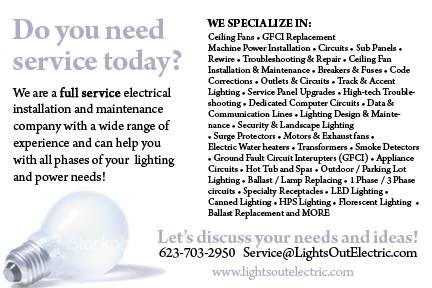 Lights Out Electric | 12905 W Laurel Ln, El Mirage, AZ 85335, USA | Phone: (623) 703-2950