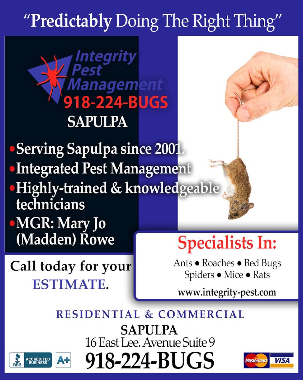 Integrity Pest Management | 4010 S 113th W Ave, Sand Springs, OK 74063 | Phone: (918) 245-7378